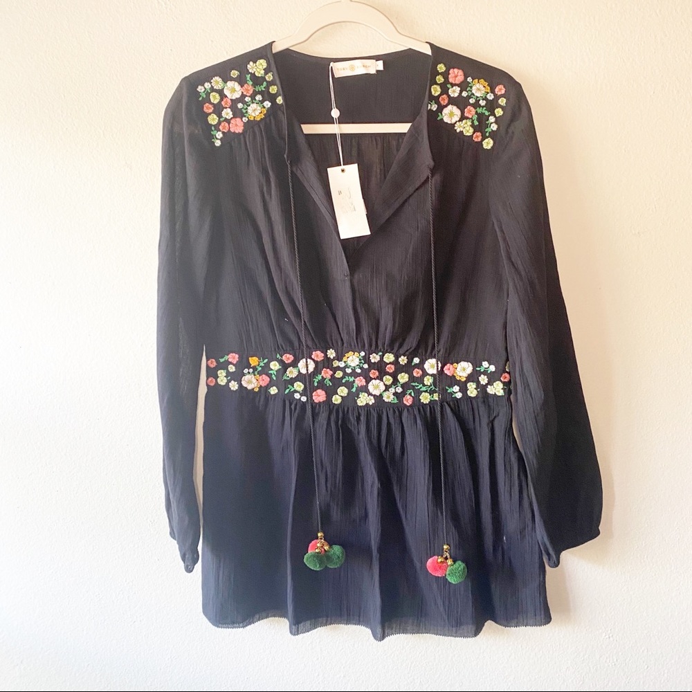 TORY BURCH  Black Embroidered Pom Tunic - Picture 2 of 9